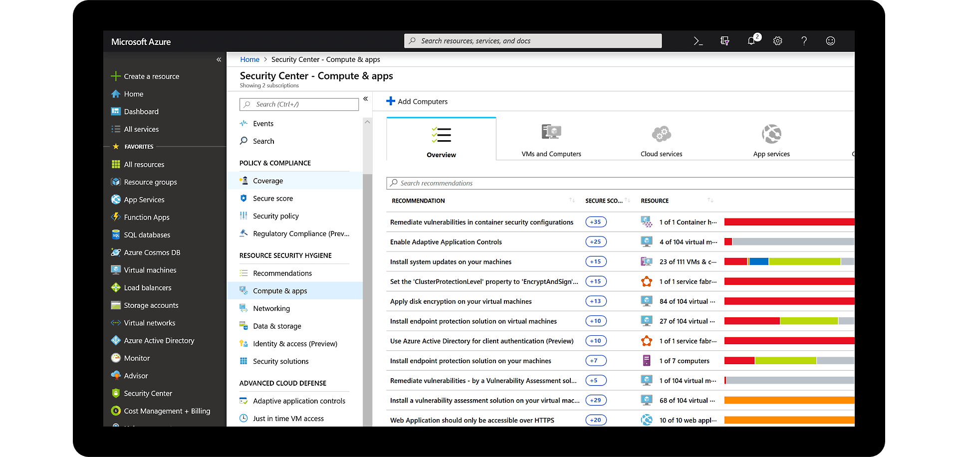 The compute and apps tab showing recommendations in Azure Security Center