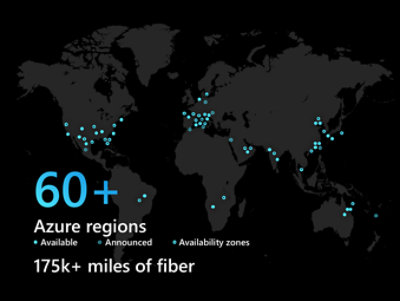 A map highlighting 60+ Azure regions including available, announced and availability zones