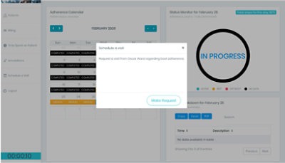 A pop up reminding the user to request a visit from a patient about boot adherence