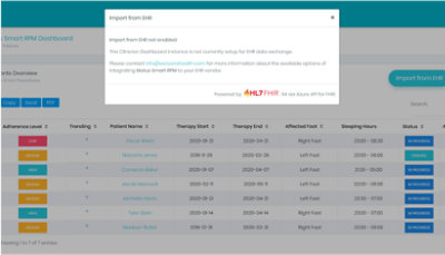 A pop up over the Dashboard saying that import from EHR has not been enabled for the user