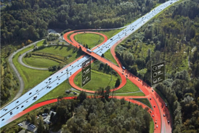 Eine Fahrtroute wird über einer Autobahnkreuzung angezeigt