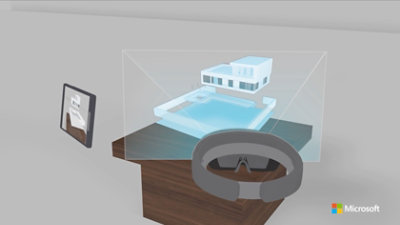 Abbildung eines HoloLens- und Tablet-Geräts zum Anzeigen eines AR-Renderings eines Hauses