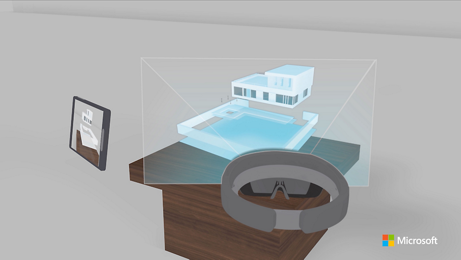 En illustration af en HoloLens og tablet, der viser en AR-gengivelse af et hjem