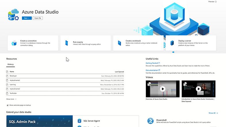 O ecrã de boas-vindas no Azure Data Studio.