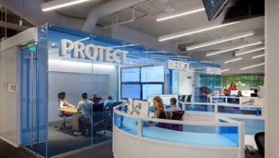 A Microsoft security office with the words Protect, Detect and Respond on the walls