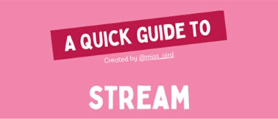 一个带白色文字的粉色标志，上面写着“Stream 快速指南，创建者：@mins_gitd”。