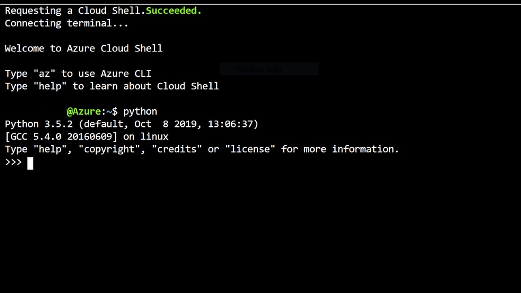 Menyambungkan ke terminal Azure Cloud Shell dan pesan penyambutan yang menyertai.