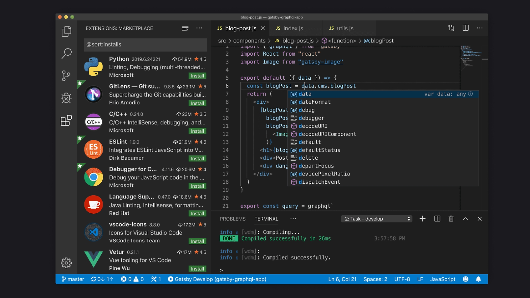 The extensions marketplace and open projects in Visual Studio Code.