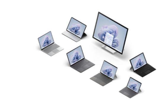 A collection of Surface laptops, 2 in 1s and desktop computers featured in various angles and positions.