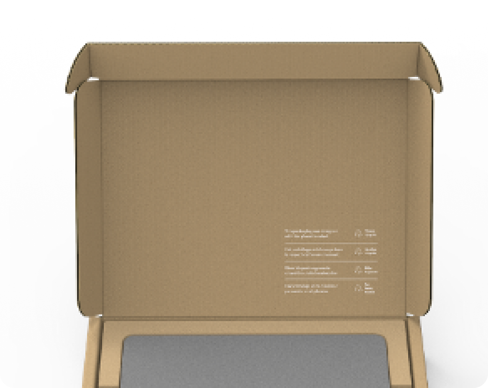 Open cardboard box with a folded flap, revealing packing material inside and a small set of instructions printed