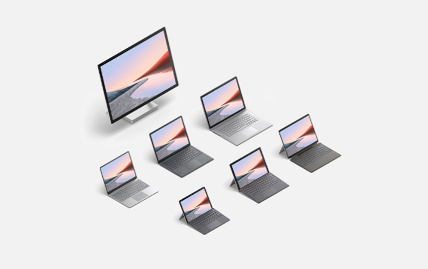 A collection of Surface devices in various colours.