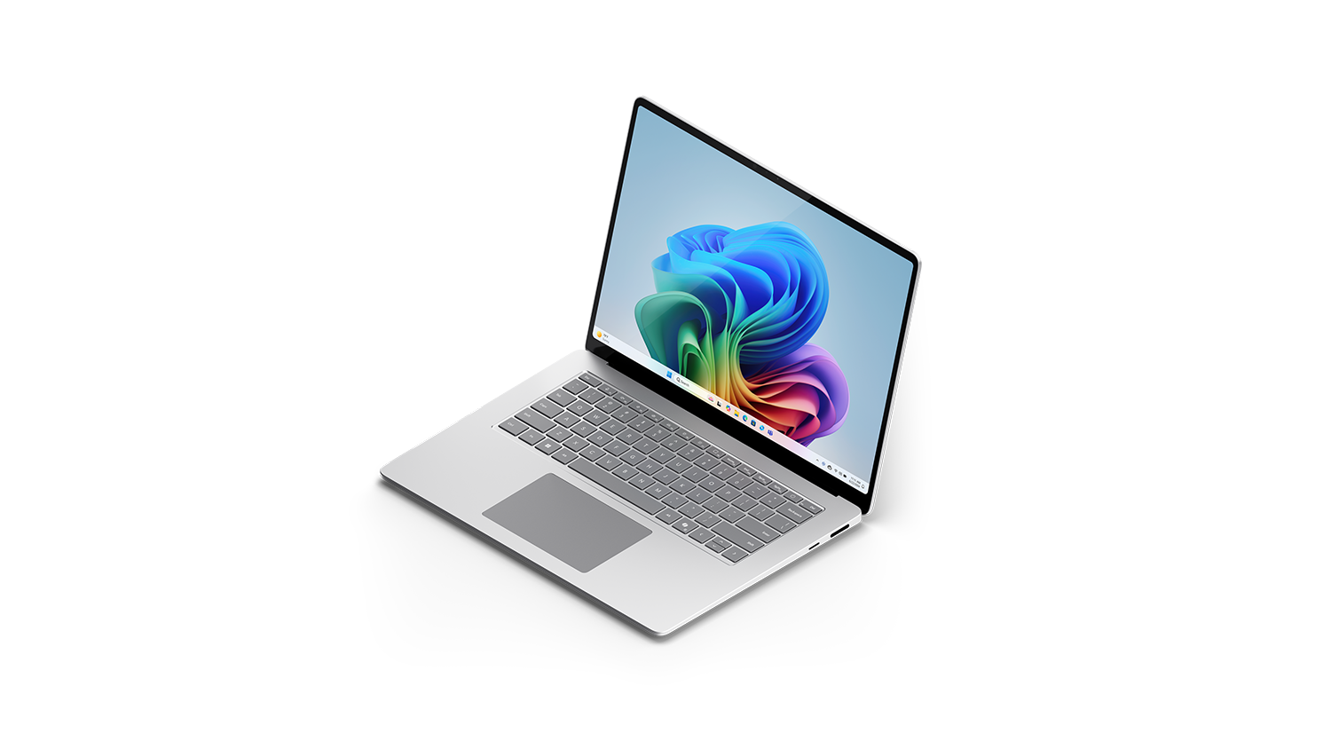 角度をつけて見た Surface Laptop 15 インチ (カラー: プラチナ) の画像。