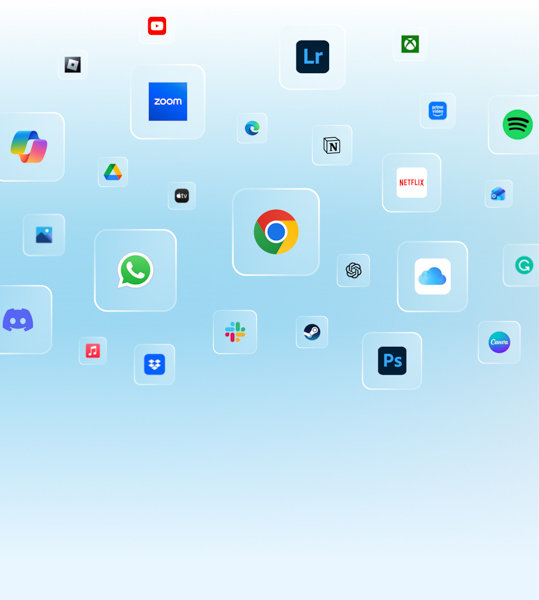 Various app logos on a gradient background.