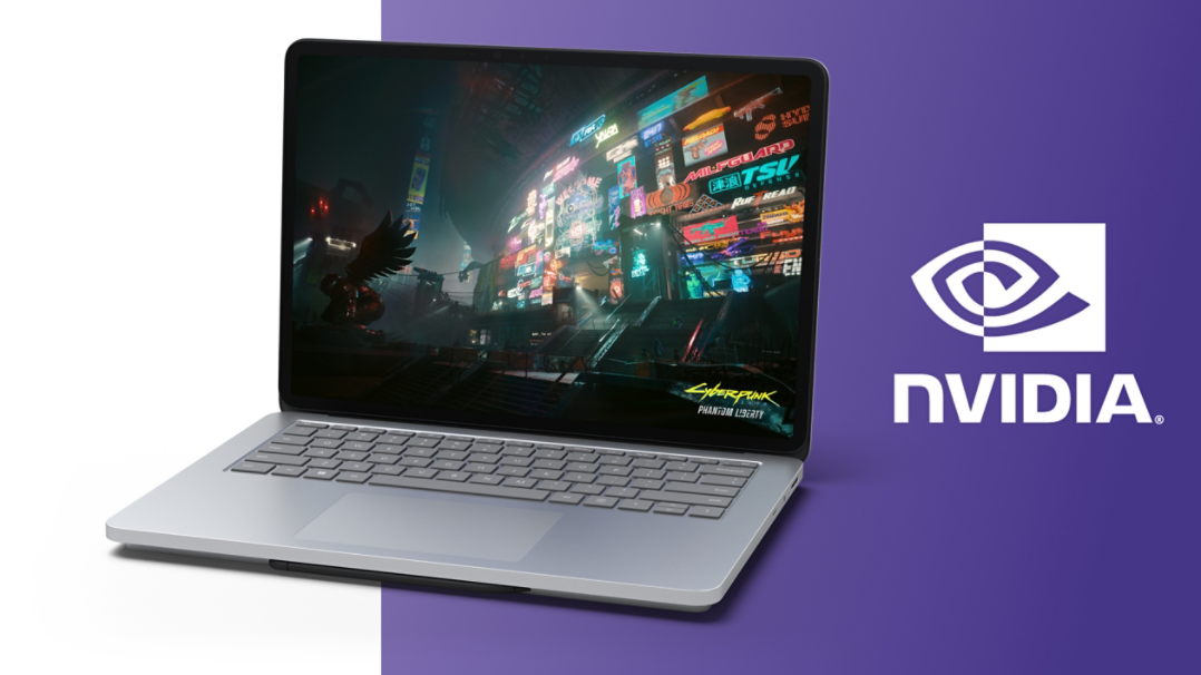 Surface Laptop Studio 2 يعرض Cyberpunk 2077: Phantom Liberty مع شعار Nvidia Studio بجوار الجهاز.