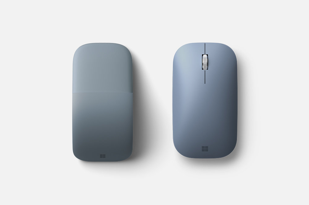 Front and back view of Surface Mouse that shows the scroll wheel and sculpted shape.