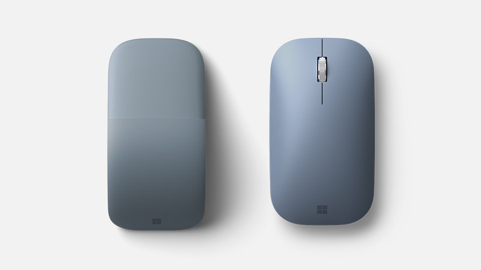 Front and back view of Surface Mouse that shows the scroll wheel and sculpted shape.