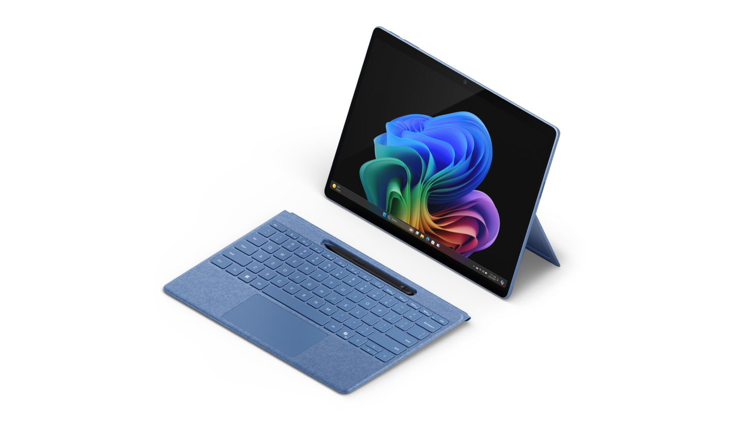 Abbildung von Surface Pro in Saphirblau mit nicht angebrachter Tastatur und Slim Pen.