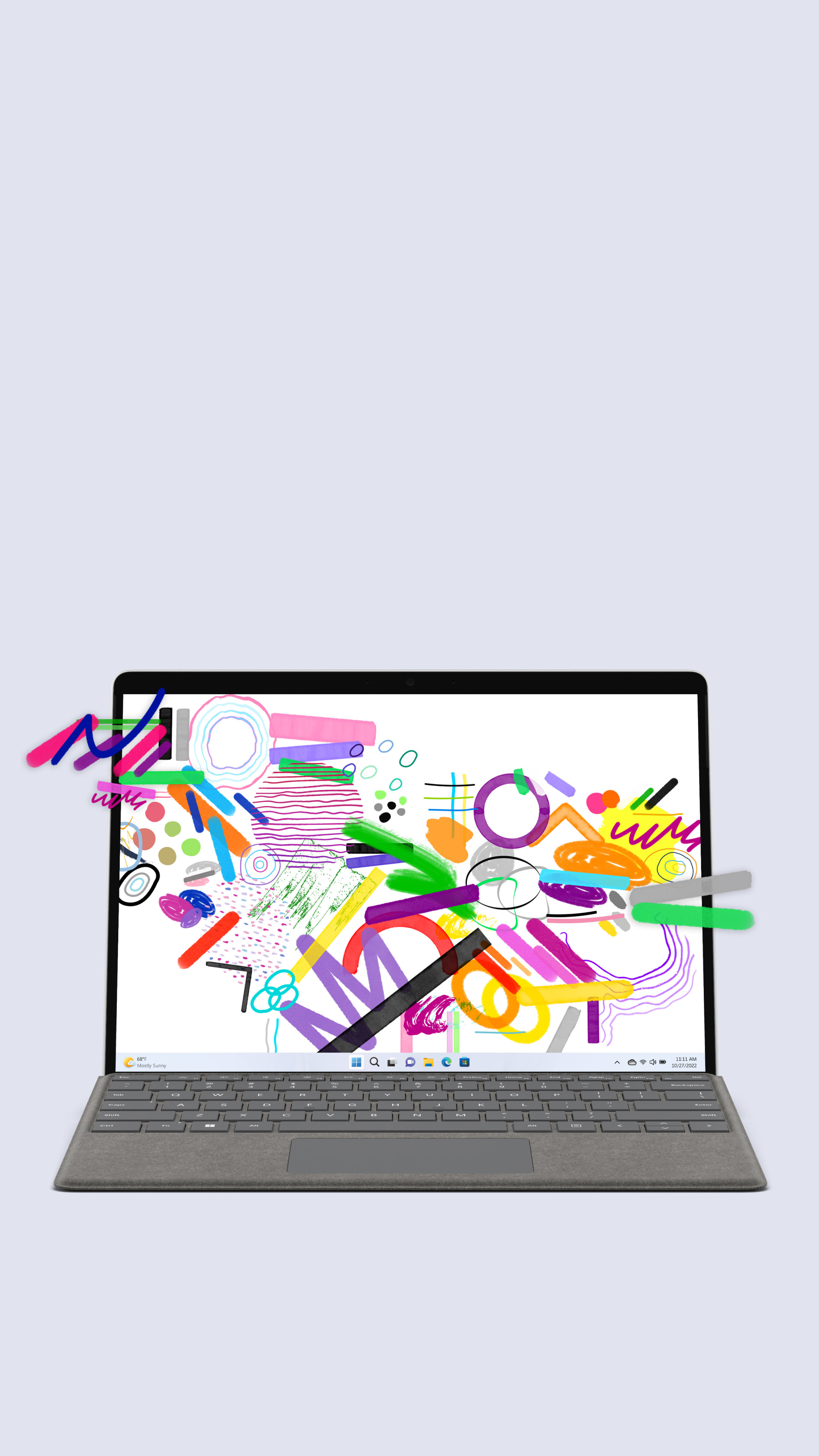 Ein Surface Pro 9 mit einem Type Cover aus Alcantara von vorn. Auf dem Bildschirm ist eine Ansammlung von abstrakten Kritzeleien in einer Vielzahl von Farben zu sehen, die die verschiedenen Pride-Flaggen symbolisieren.