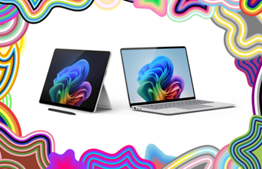 Um Surface Pro com uma Surface Slim Pen 2 e um Surface Laptop lado a lado, rodeados por uma ilustração do Orgulho.