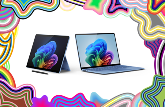Surface Pro 與 Surface 超薄手寫筆 2 和 Surface Laptop 並排陳列，周圍是 Pride 插圖。