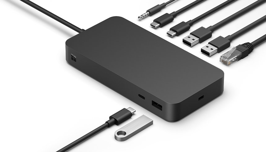 Se muestra el Adaptador Surface Thunderbolt™ 4 con todos los cables compatibles.