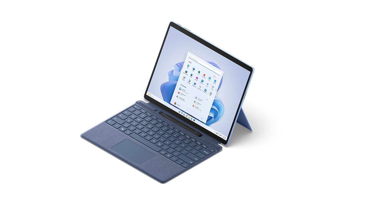 Een Surface Pro 9 in saffierblauw met toetsenbord en Slim Pen 2