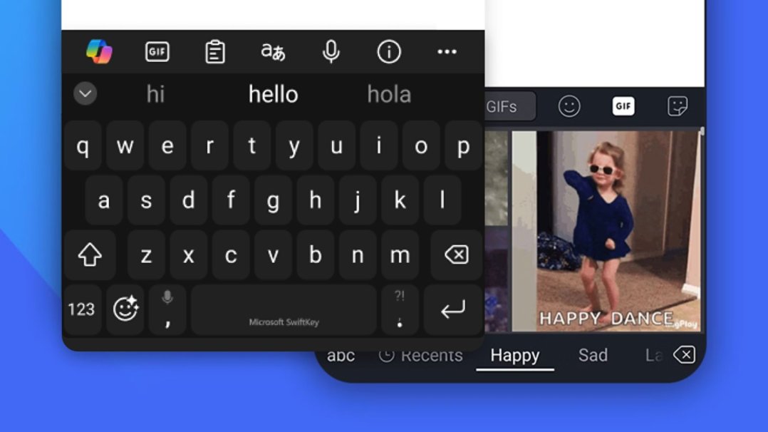 A graphic of two SwiftKey keyboards demonstrating the GIFs, Clipboard, Translator,Voice input and Stickers functions