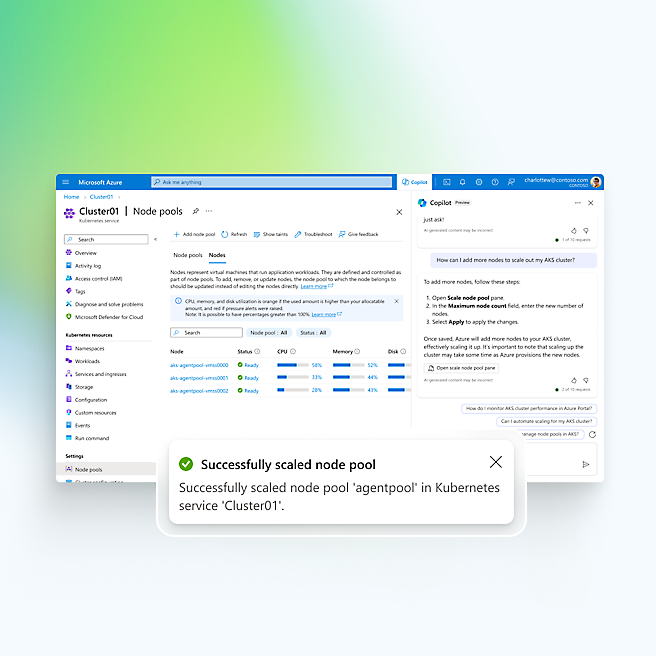Microsoft Azure'da Kubernetes hizmeti için açık bir pencere ve sağ tarafta düğüm ekleme adımlarını gösteren Copilot iletişim kutusu açık