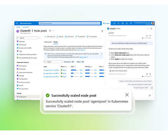 Microsoft Azure에서 Kubernetes 서비스에 대해 열려 있는 창과 Copilot 대화 상자가 오른쪽에 열려 노드를 추가하는 단계를 보여 줍니다.
