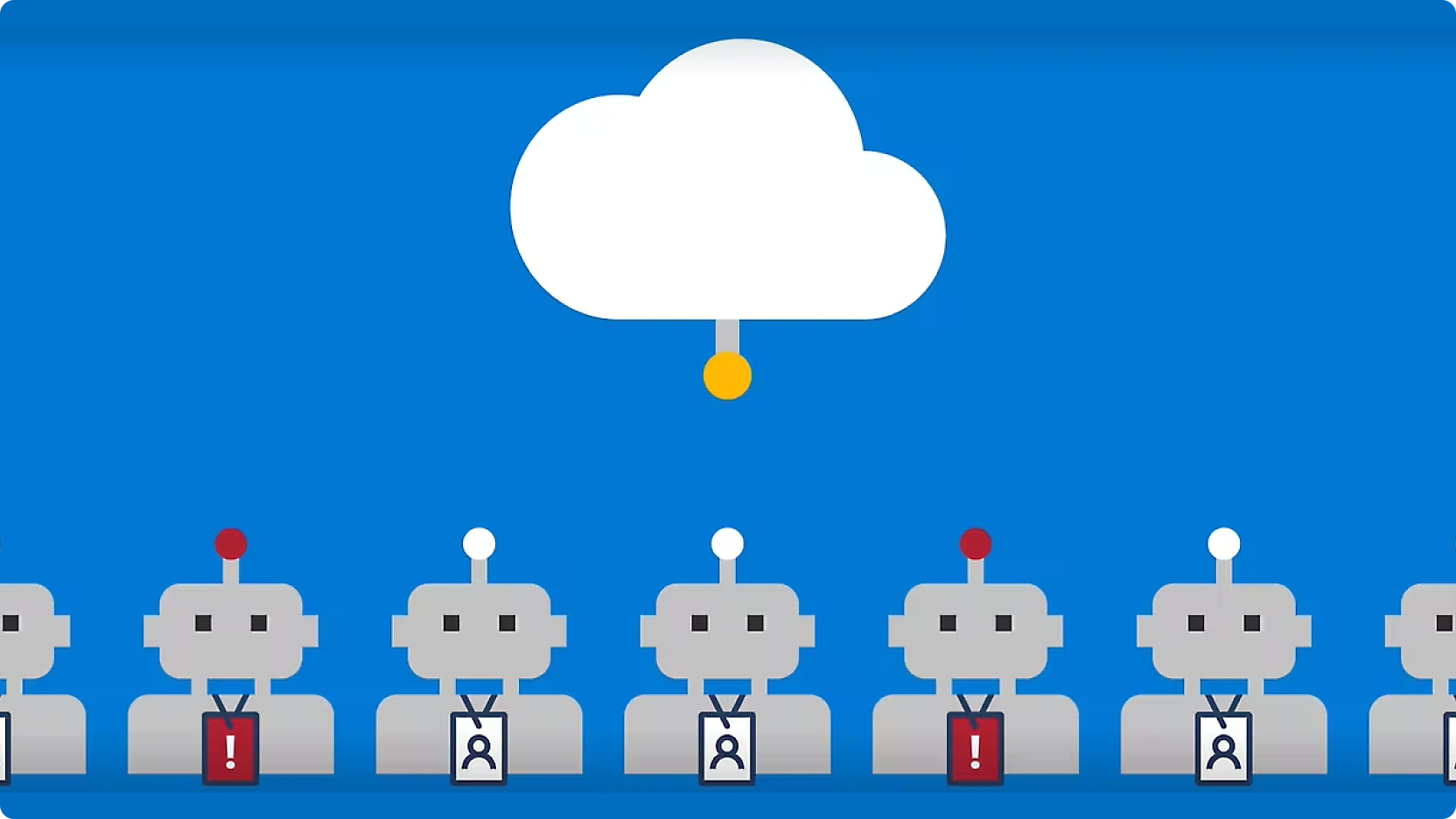Grafikas, kuriame pavaizduotos eilės robotų su raudonais mygtukais ant galvų, linijomis sujungtų su centriniu debesimi