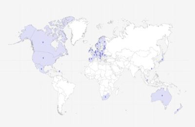 A world map highlighting countries in North America, Europe, and parts of Oceania in blue.