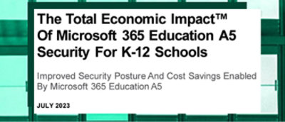 一个带黑色文字的绿色标志，说明了 Microsoft 365 教育版 A5 对 K-12 学校的经济影响。