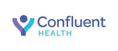 A blue and white Confluent Health logo with a person in the middle.