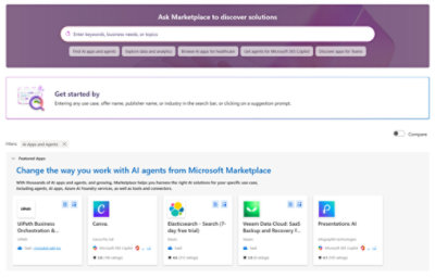 Microsoft Marketplace homepage displaying a search bar and featured solutions, including AI apps and agents. Modern, professional design.
