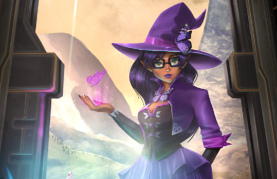 A character dressed in a purple witch outfit holds a luminous magical object in a room with an open window revealing panoramic views of the mountains under an ethereal sky