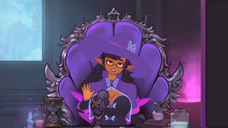 Un personnage en tenue de sorcière violette assis sur une chaise violette ornée dans une pièce faiblement éclairée