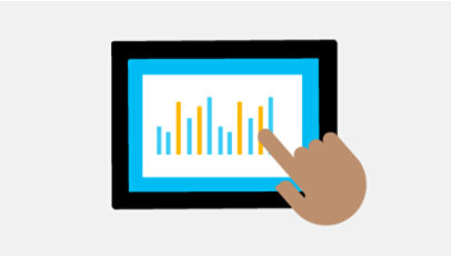 An illustration of a hand pointing at a screen with a graph on it.