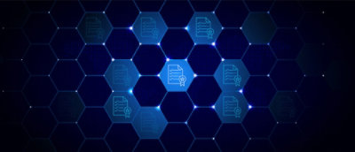 A blue hexagon pattern with white icons.