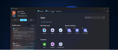[アプリ]、[通知]、検索バー、[最近使用したアプリ]、[お気に入り]、および [メッセージ] が表示されたモバイル インターフェイス。