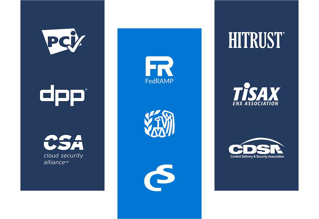 Loga PCI, Cloud Security Alliance, FedRAMP, HITRUST a dalších organizací