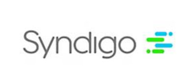 Logo of Syndigo with stylized text and three horizontal lines in gradient shades of blue and green to the right.