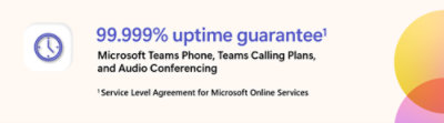 Image showing text: "99.999% uptime guarantee" for Microsoft Teams Phone, Teams Calling Plans, and Audio Conferencing. 