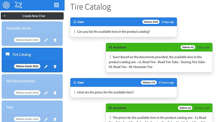 Uma captura de tela de um exemplo de chat de IA em uma página de catálogo de pneu