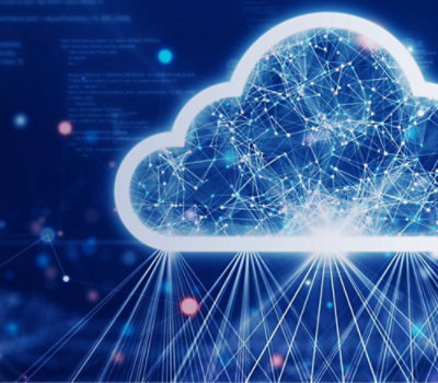 Illustration of a stylized cloud connected to a network of lines and dots, representing cloud computing technology.