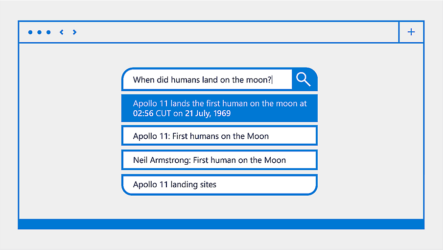 Een geïllustreerde zoekbalk met de meest relevante resultaten op de vraag: Wanneer zijn mensen op de maan geland? 