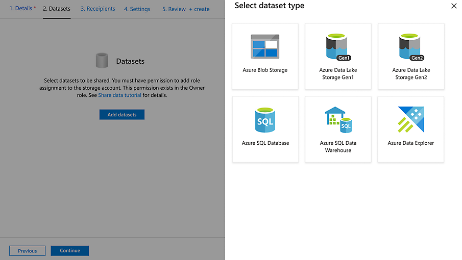 A dataset type being selected in Azure