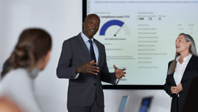 Three people having a meeting