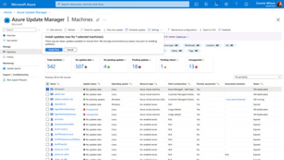 En liste over maskiner og opdateringer til en bruger i Update Management Center 