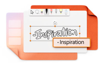 デジタル描画ツールのインターフェイス。キャンバスに描き込んだ "インスピレーション" の文字が表示され、上部にさまざまな色とツールのオプションがあります