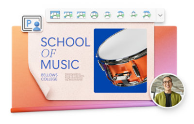 ドラムの画像を使った "スクール オブ ミュージック" のチラシと、笑顔の人物の小さい写真とで構成されるデジタル コラージュ